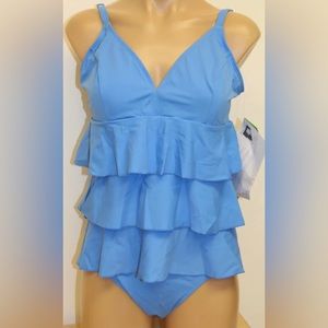 New Fit 4u Swimsuit Bikini Tankini 2 pc set Sz 18W Blue Cream.